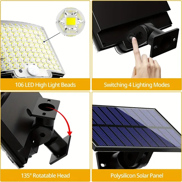 Bezdrátové venkovní světlo se senzorem - 106 LED, solární napájení, 4 režimy, vodotěsné IP65, 13,97x10,16 cm