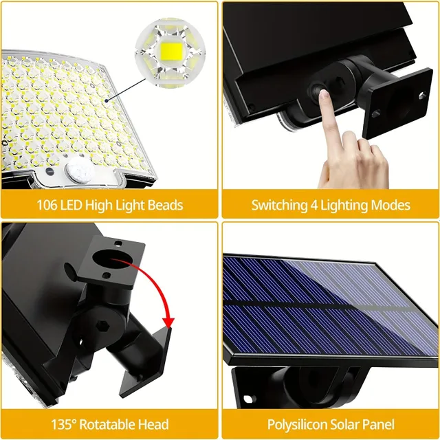 Wireless outdoor light with sensor - 106 LED, solar power supply, 4 modes, waterproof IP65, 13,97x10,16 cm