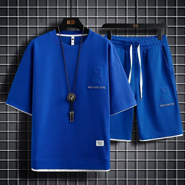 Pánský stylový jednobarevný moderní letní set oblečení - kraťasy a tričko s krátkým rukávem