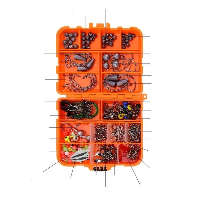 Complete fishing set 251 pcs with everything needed: Lead weights, Jig hooks, silicone balls, vertebrae and carabiners