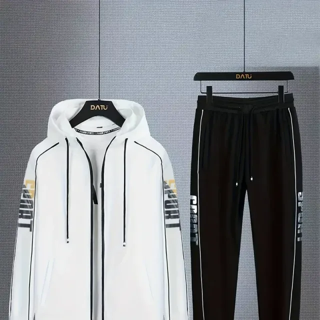 Men's two-piece sports tracksuit - zip-up sweatshirt with long sleeves, hood and comfortable sweatpants