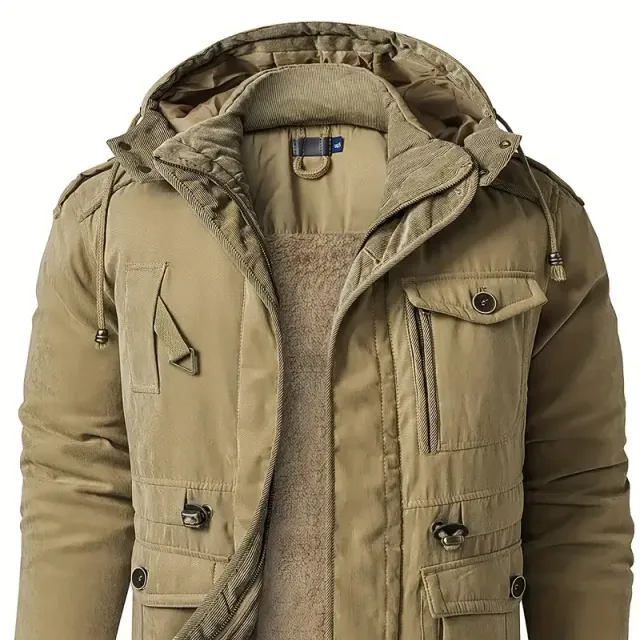 Men's warm winter jacket with hood, multifunctional pockets, elegantly casual