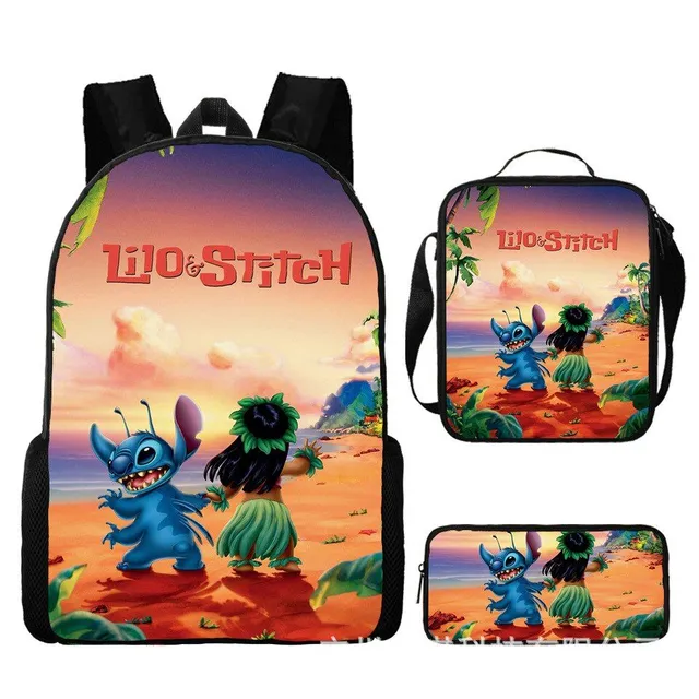 Set pentru copii cu 3 piese școlare cu motivele personajelor animate preferate Lilo și Stitch Rucsac / Geantă peste umăr / Penar