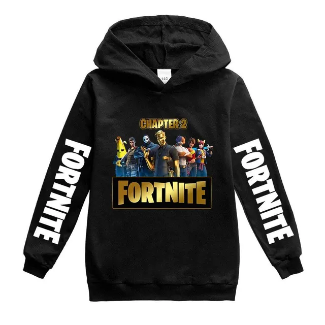 Detská mikina s kapucňou s potlačou Fortnite na rukávoch a hrudi