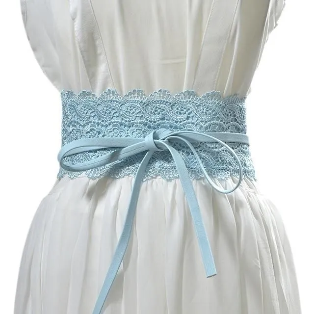 Ladies lace belt with bow light-blue
