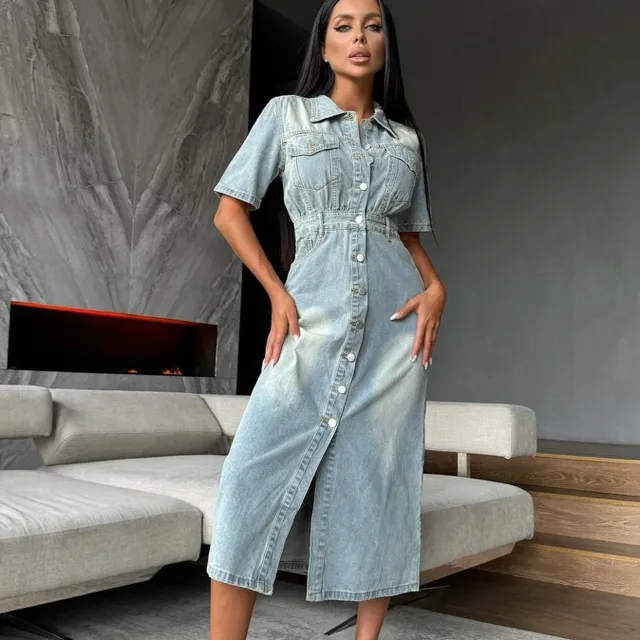 Rochie din denim albastru regal cu mâneci scurte, guler cu rever simplu, casual, pentru femei