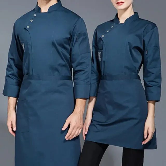 Universal professional chef coat in single-color design with collar and simple closure for men and women