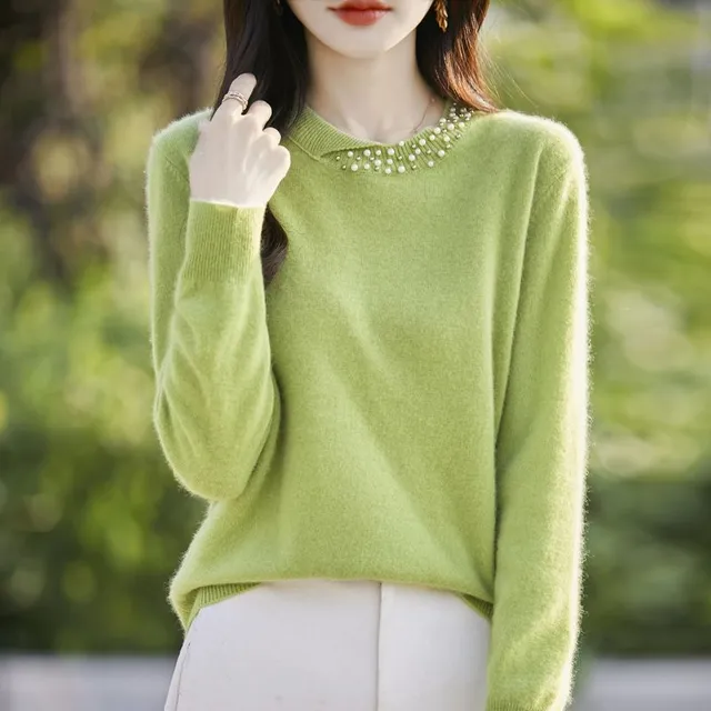 Elegant beaded lady knitted top with long sleeve and round neckline made of soft viscose blend for autumn and winter