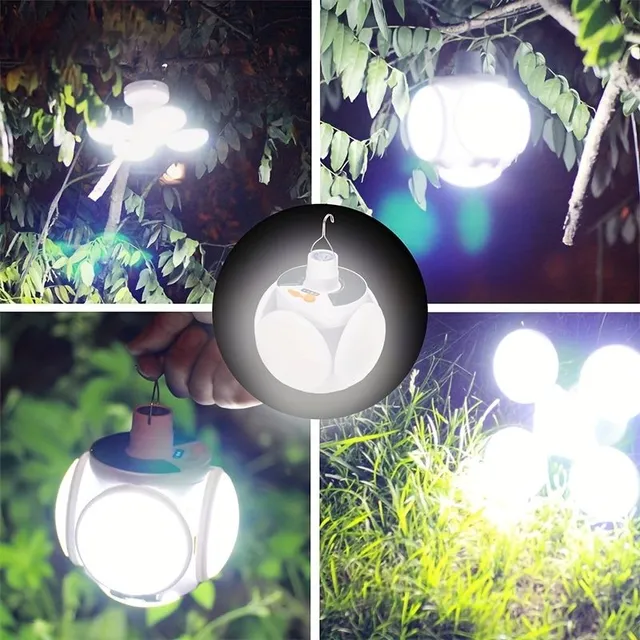 Solar folding light, portable USB rechargeable LED light bulb with power display, camping, hiking and fishing