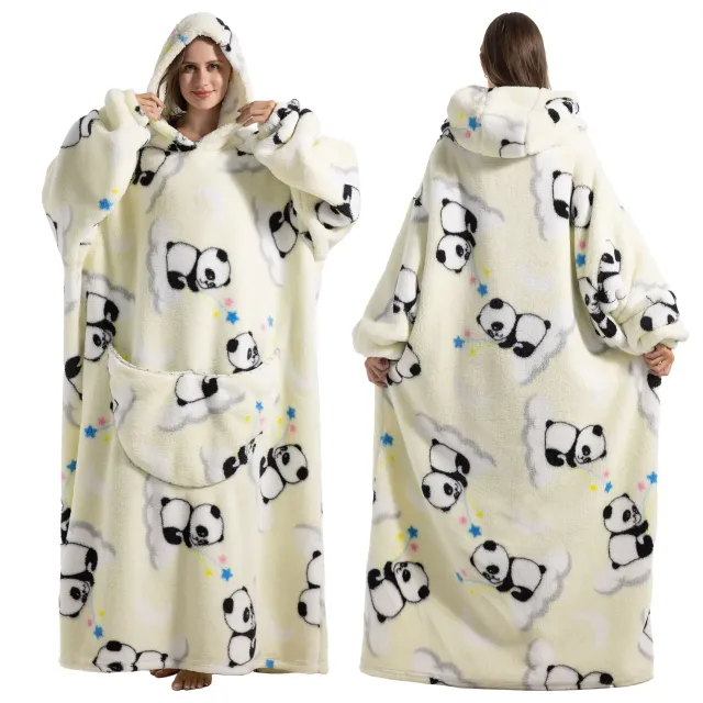 Pătură purtabilă cu glugă din pluș și fleece sherpa pentru adulți