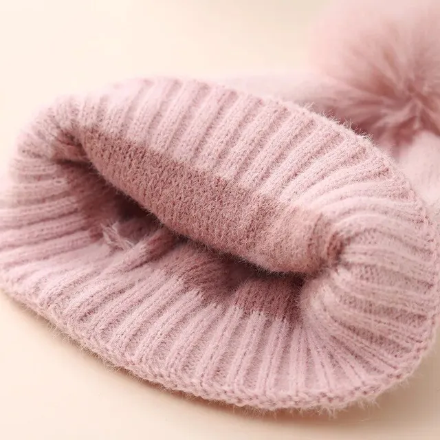 Cappello invernale per neonati con pompon di pelliccia e stampa di cuori - cappello rosa lavorato a maglia per neonati, bambini e bambine