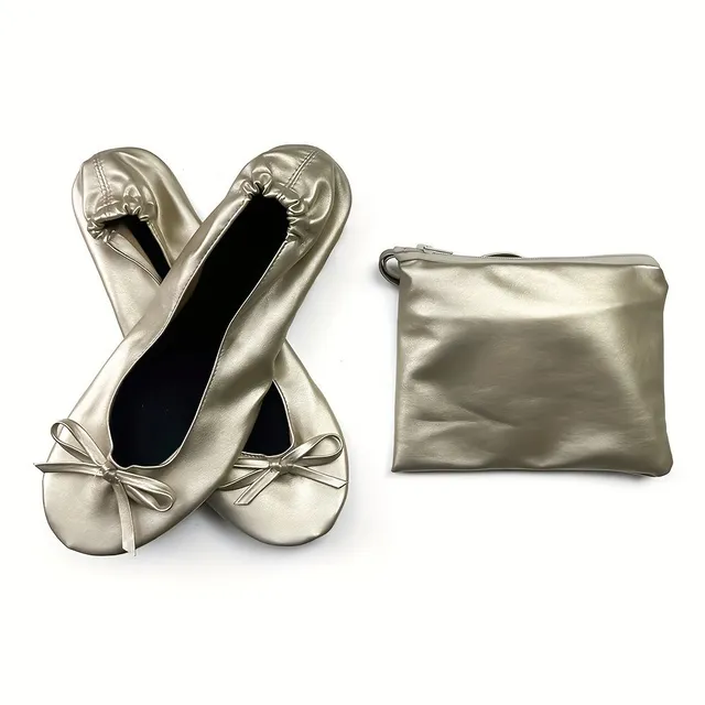 Foldable women's ballerinas, inner soft sole, rolled-up comfortable ballerinas, with bow and bag for wearing