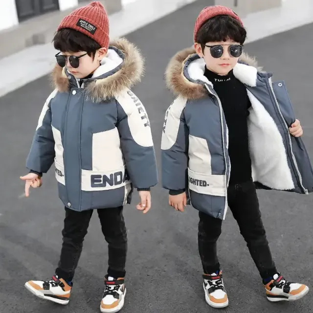 Warm winter jacket for boys with fur collar and hood made of cotton and velvet, 2023