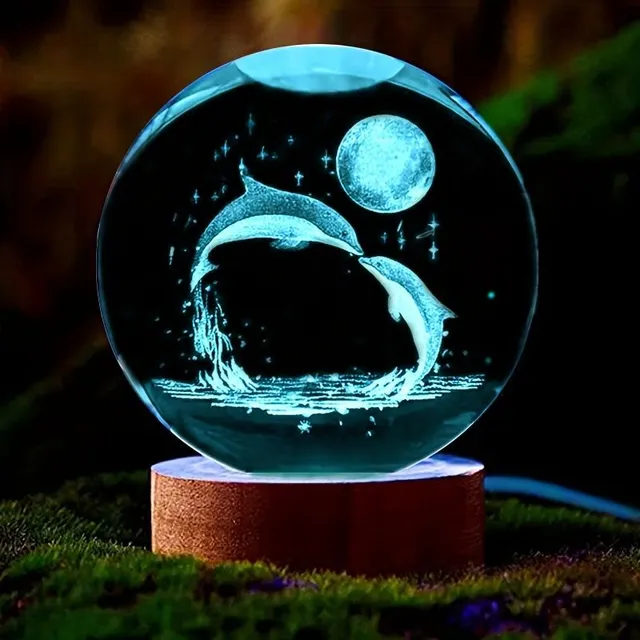 Crystal ball with 3D dolphin and moon - night light for birthday presents, wedding or Eid al-Adha