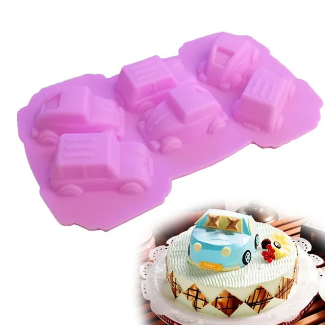 Silicone violet cake mould and various decorations - cars