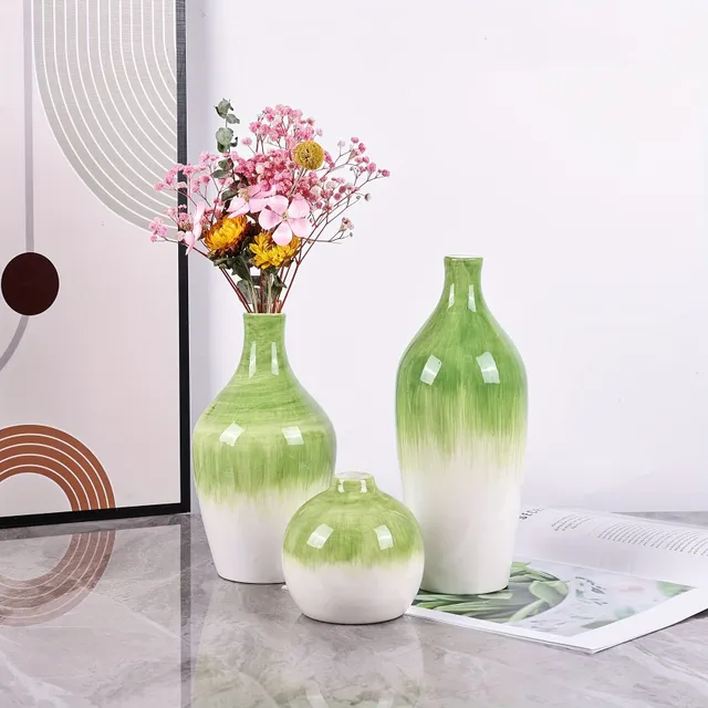 Set of 3 Pcs Ceramic Floral Vase With Crossing Glaze - Suitable for Wedding Dinner, Party At Table, Living Room, Office, Bedroom, Aesthetic Facilities Rooms, Decoration Home, Spring Decoration, Decorative Gift New Year