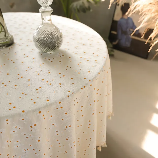 Ubrus macramé, small, fresh style, pasture decoration table, rectangular with pattern flowers daisies, dustproof tablecloth with fringes