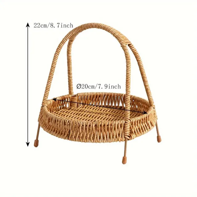 1pc handmade plastic rattan storage basket with handle, round organizer on table, fruit and bread basket, multipurpose woven tray