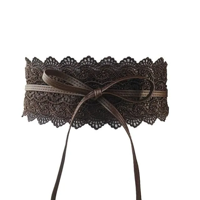 Ladies lace belt with bow chocolate