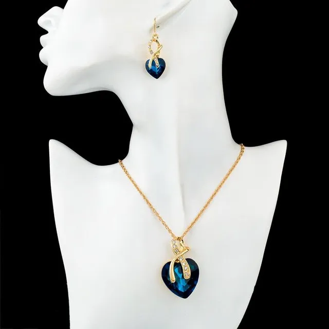 Pozlátený náhrdelník + náušnice KRIŠTÁLOVÉ SRDCE - Modrý