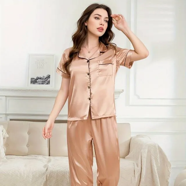 Satin pajama ensemble, short sleeve for buttons