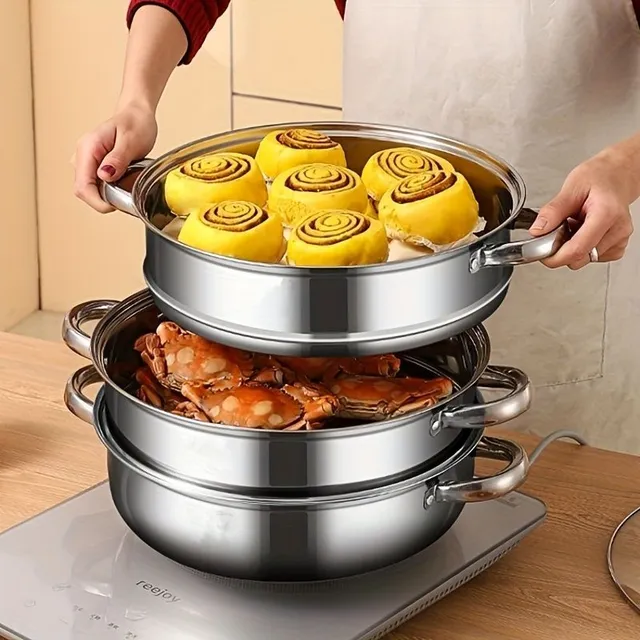 3-storey stainless steel steam cooker with stack © Fully equipped steamer for healthy cooking