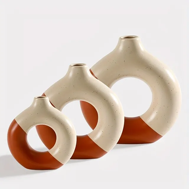 Unique set of 3 ceramic vases in the shape of a donut - Modern boho decoration