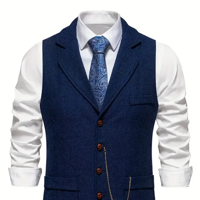 Men's retro herringbone vest with 1 button, Elegant lapel for business, banquet and wedding events