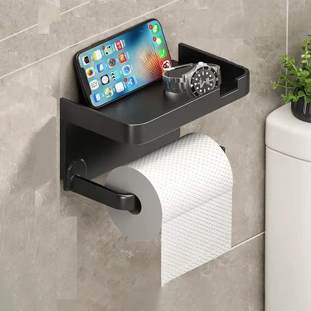 Držiak na stenu toaletného papiera so skladovacím priestorom a zásobníkom na telefón