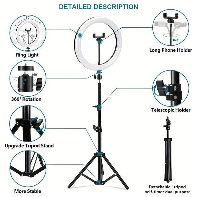 Ringlight for selfies and creation (25.4 cm) with adjustable RGB LED light, tripod and telephone holder