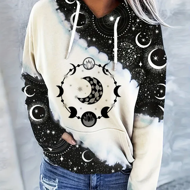 Women's hoodie with hood, colourful moon and stars print, drawstring