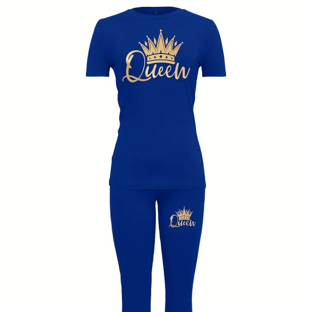 Women's two-piece set with printing of crown and letters, top with round neckline and short sleeves and skinny pants