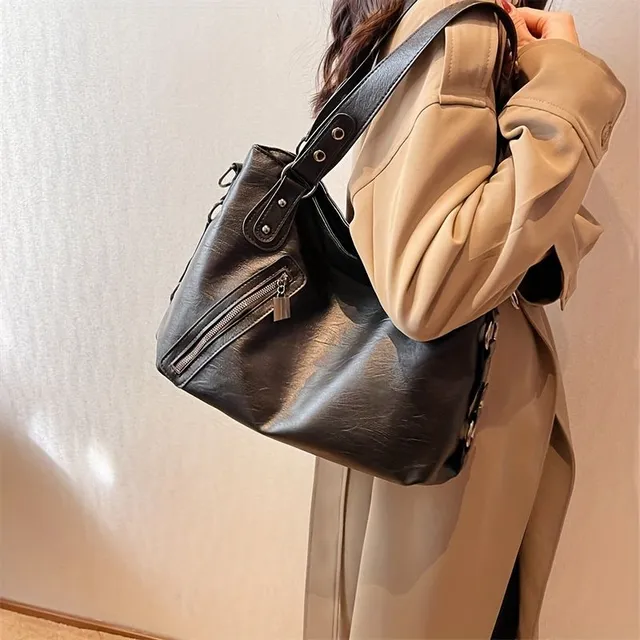 Vintage women's purse over shoulder with zipper and large capacity from PU leather - fashion tote