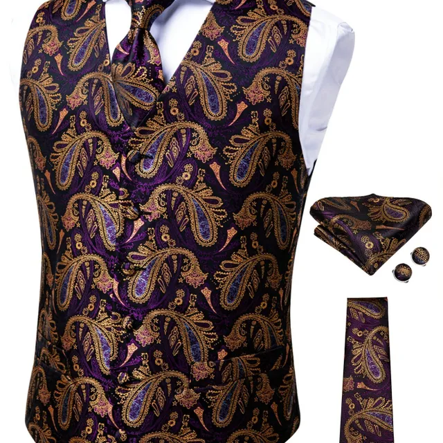 Male vintage sleeveless vest with elegant cut and floral pattern, formal set - vest, tie, cuff links and handkerchiefs