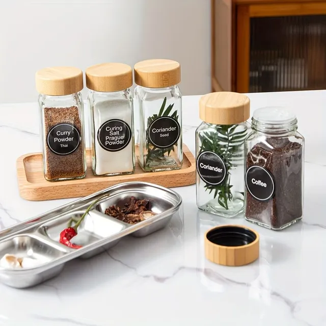 Spice bottles with labels, tempered glass with airtight bamboo lid, funnel for easy refilling and filling cap - Kitchen organization