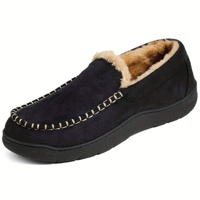 Men's comfortable Venetian loafers with memory foam and warm fleece - non-slip home shoes