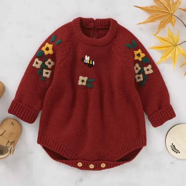 Baby girl roztomilé výšivky pletenie oneie, pohodlný sveter Romper pre batoľatá