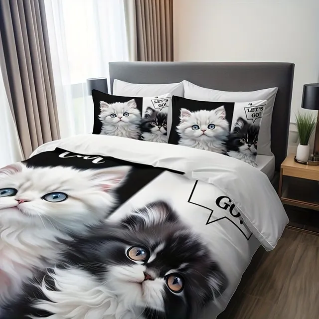 Sada 3 ks Čierne a biele roztomilé Kittens na posteľ (1 Posteľ na prikrývku + 2 Na vankúše, Pillows nezahrnuté), mäkké a priedušné HD tlač Set na Valentína Deň Pro Domov Dorm