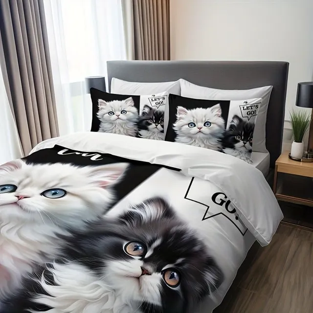 Set of 3 pcs Black and white Cute Kittens On Bedding (1 Bedding on the duvet + 2 On the pillows, Pillows Not included), Soft and Breathable HD Printing Set On Valentine's Day Pro Home A Dorm