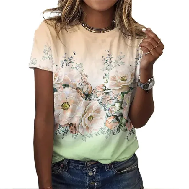 Short sleeve T-shirt with plant and flower print, O-neck and loose fit for women