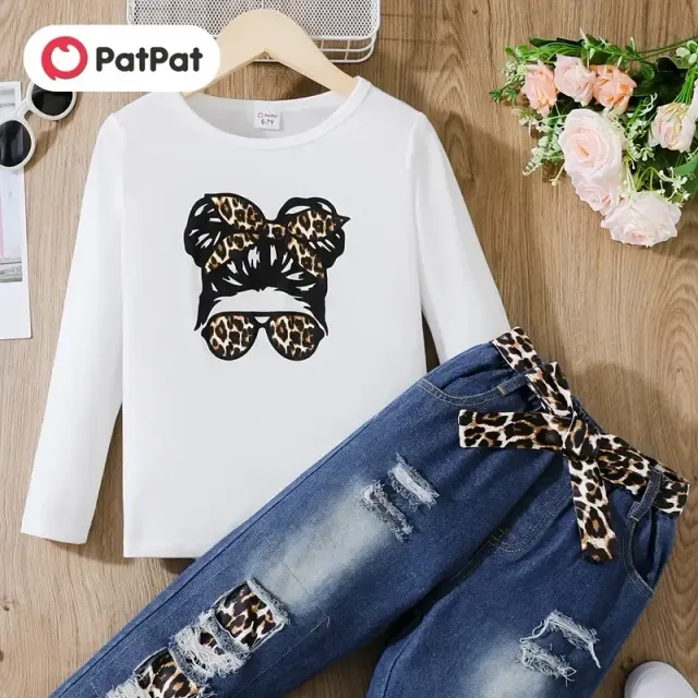 3-piece set for girls - Long Sleeve with printing + Torn jeans with belt