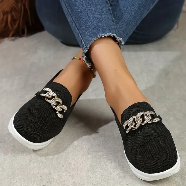 Women's knitted low sneakers with decorative metal chain, comfortable ringing, walking, breathable and casual