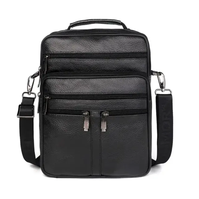 Male spacious bag made of right leather from the face layer - hand, messenger, with multiple zippers, shoulder and hand, ideal for business