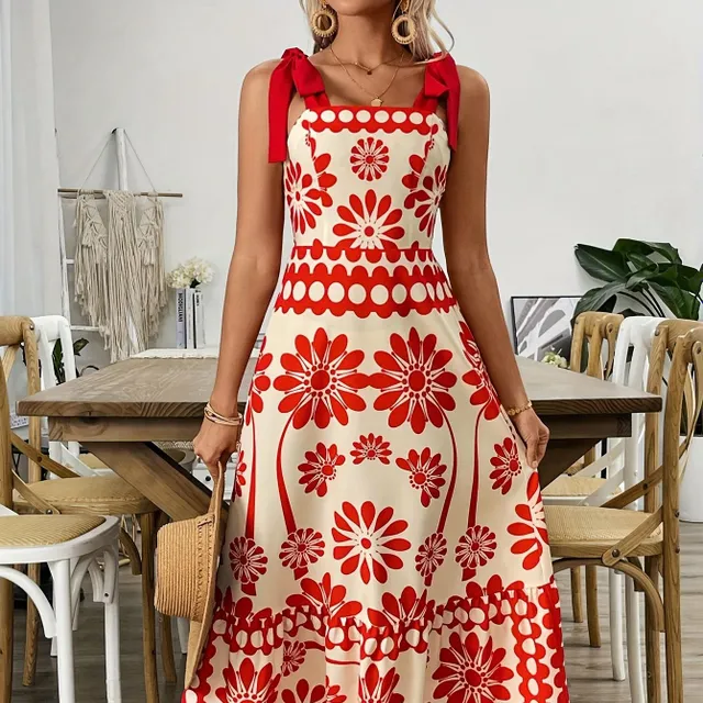 Summer maxi dress with ethnic print and tied shoulder