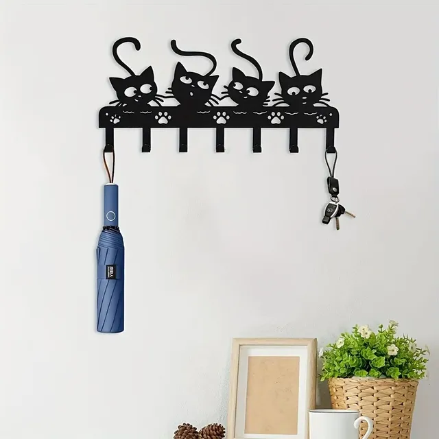 Magic wall hooks with black cat - 7 hooks of metal, decorative key stand for bedroom, iron hooks for door