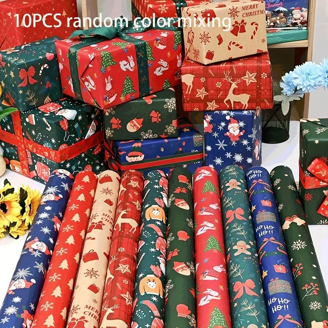 10 pcs of Christmas wrapping paper set with cheerful motifs