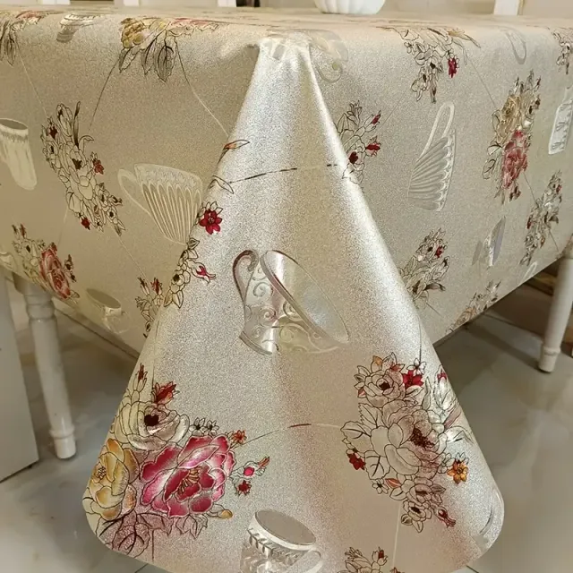 1pc Floral printed tablecloth, Heat insulation PVC Waterproof oilproof table cover, No washing, Table protection, Home kitchen decor Dining table