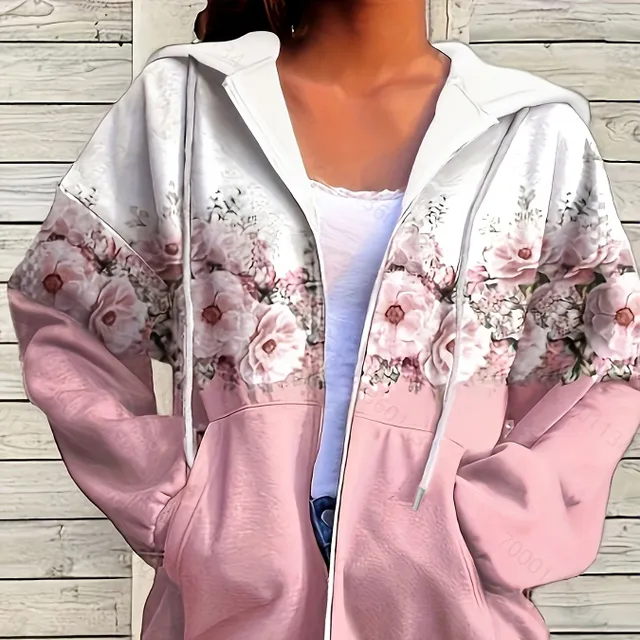 Women's sweatshirt with flower pattern for zipper and string - lazy sweatshirt with long sleeves and slippery pockets