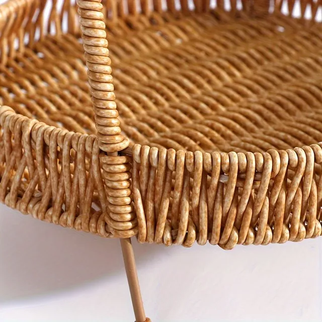 1pc handmade plastic rattan storage basket with handle, round organizer on table, fruit and bread basket, multipurpose woven tray