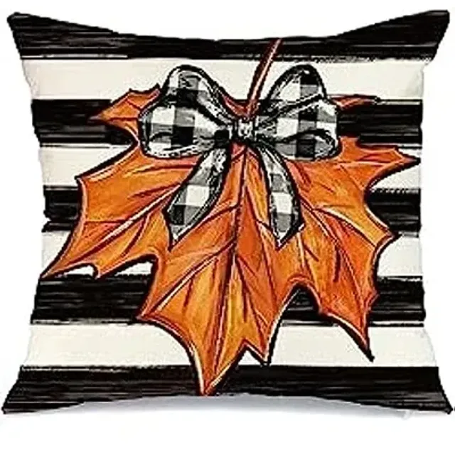 Autumn linen square pillowcase with striped pattern and inscription "Hello Pumpkin"